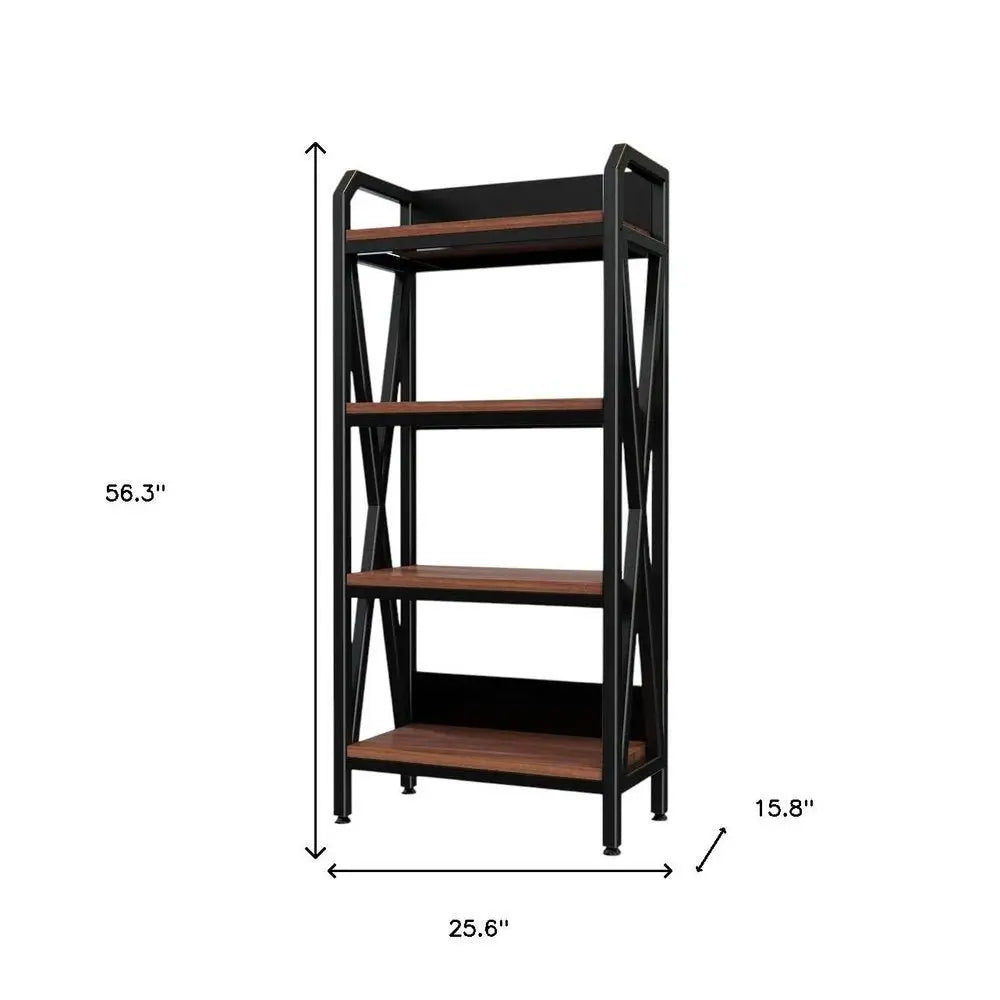 56" Black And Brown Metal and Wood Four Tier Etagere Bookcase - NOBLE HOME INTERIORS