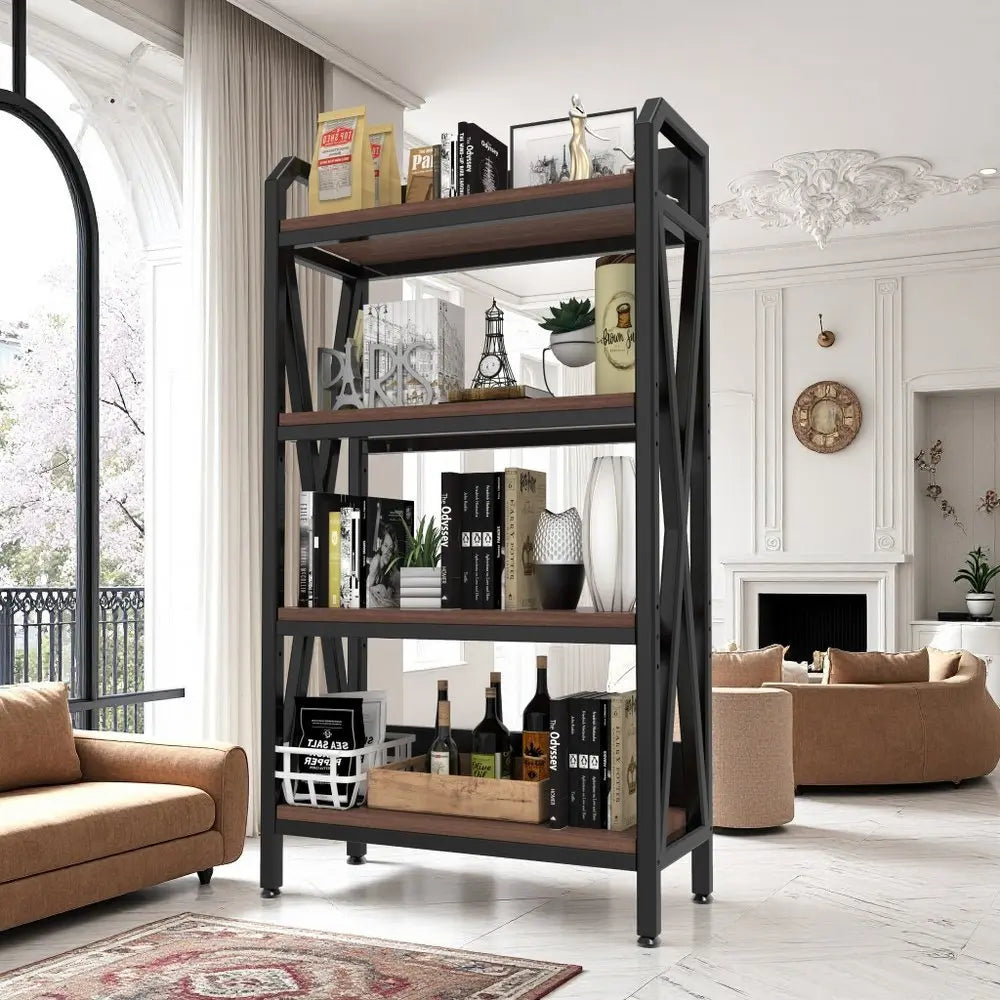 56" Black And Brown Metal and Wood Four Tier Etagere Bookcase - NOBLE HOME INTERIORS