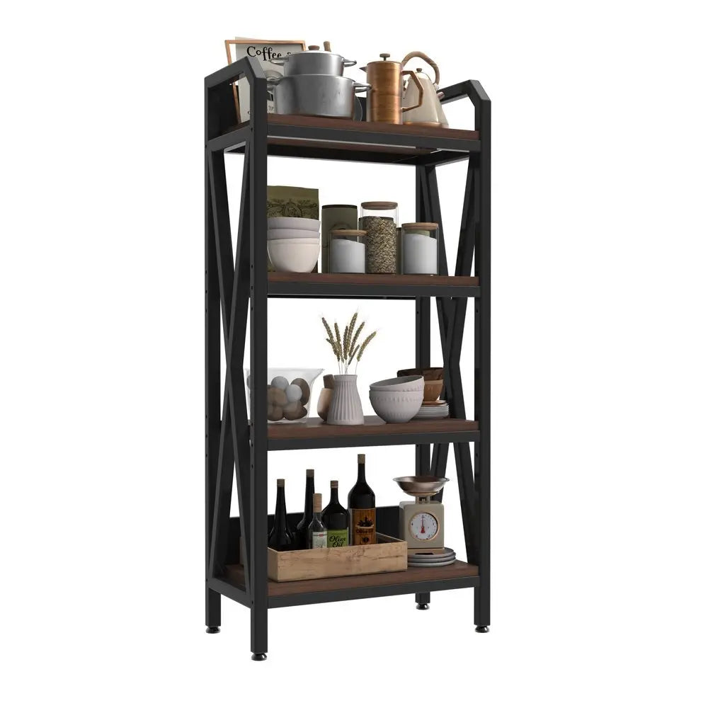 56" Black And Brown Metal and Wood Four Tier Etagere Bookcase - NOBLE HOME INTERIORS