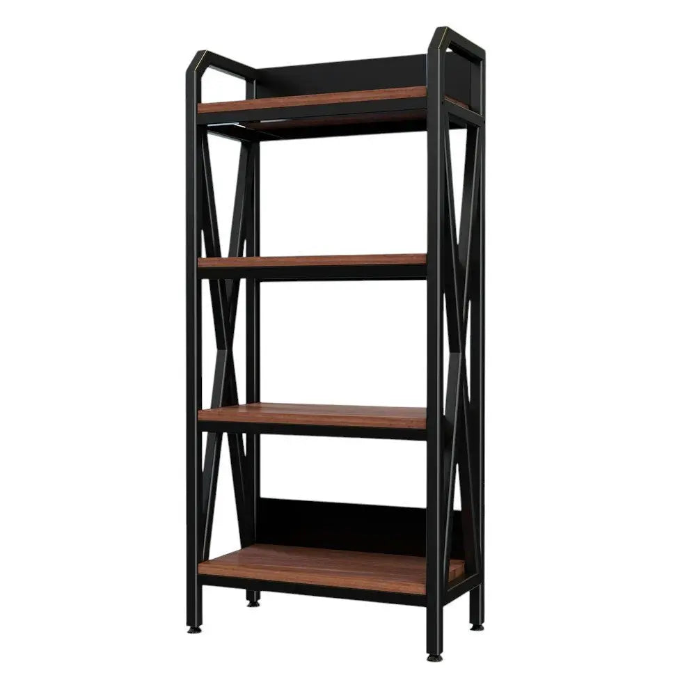 56" Black And Brown Metal and Wood Four Tier Etagere Bookcase - NOBLE HOME INTERIORS