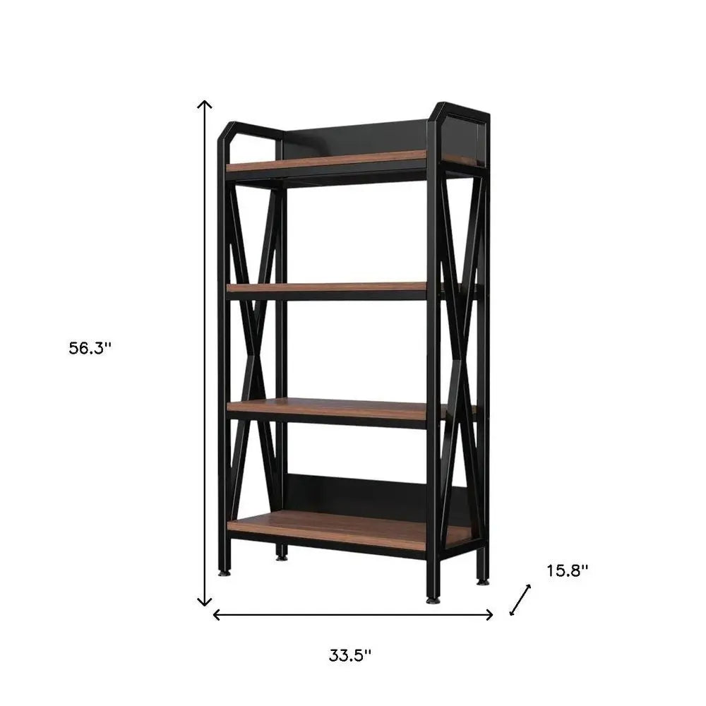 56" Black And Brown Metal and Wood Four Tier Etagere Bookcase - NOBLE HOME INTERIORS