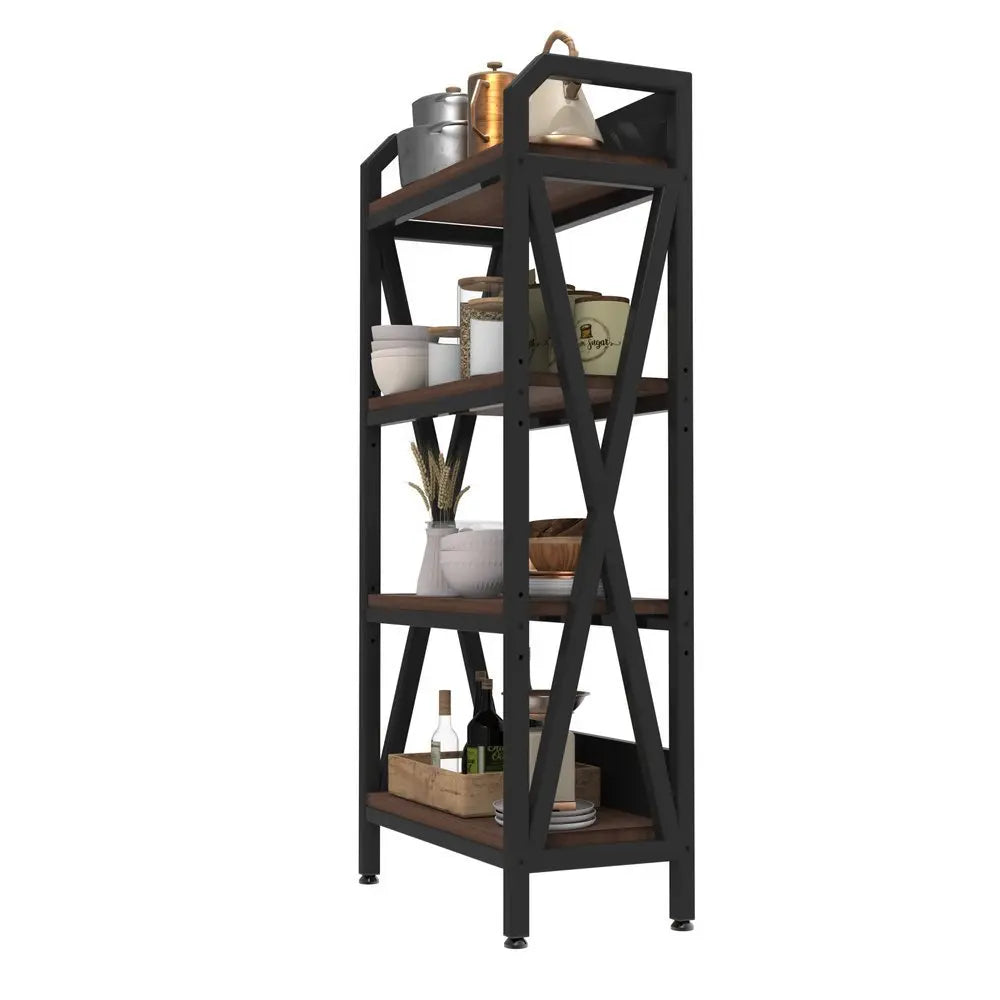 56" Black And Brown Metal and Wood Four Tier Etagere Bookcase - NOBLE HOME INTERIORS
