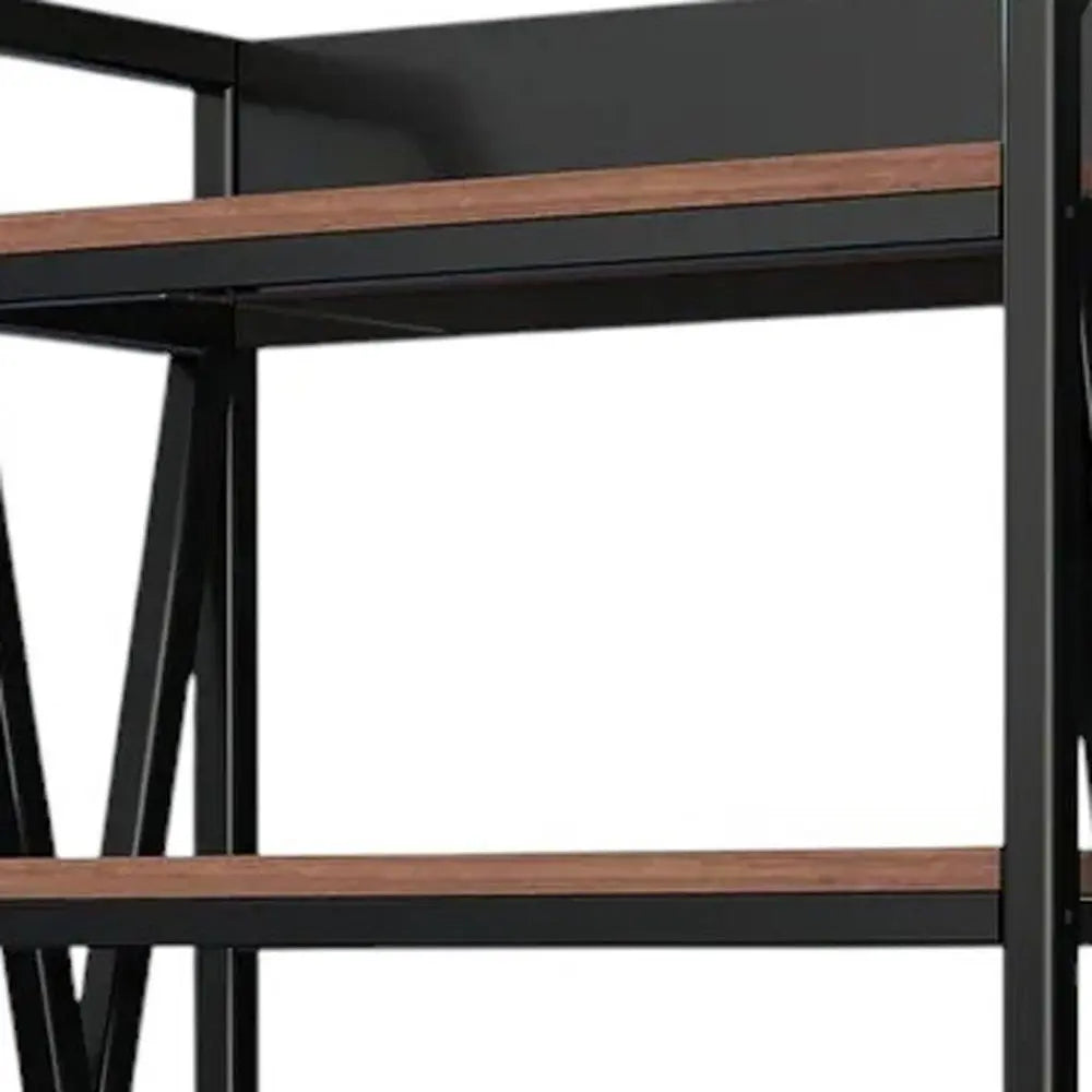 56" Black And Brown Metal and Wood Four Tier Etagere Bookcase - NOBLE HOME INTERIORS