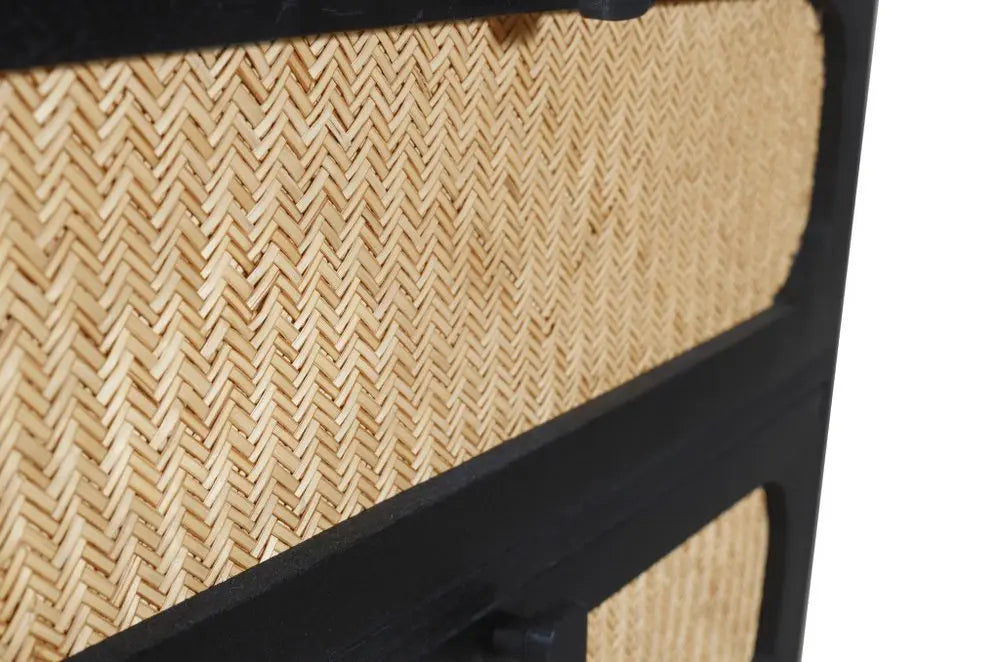 56" Black And Natural Solid Wood And Rattan Six Drawer Double Dresser - NOBLE HOME INTERIORS