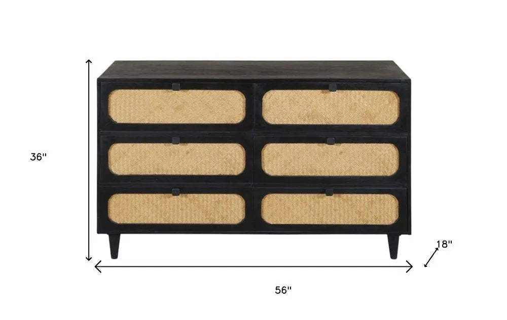 56" Black And Natural Solid Wood And Rattan Six Drawer Double Dresser - NOBLE HOME INTERIORS