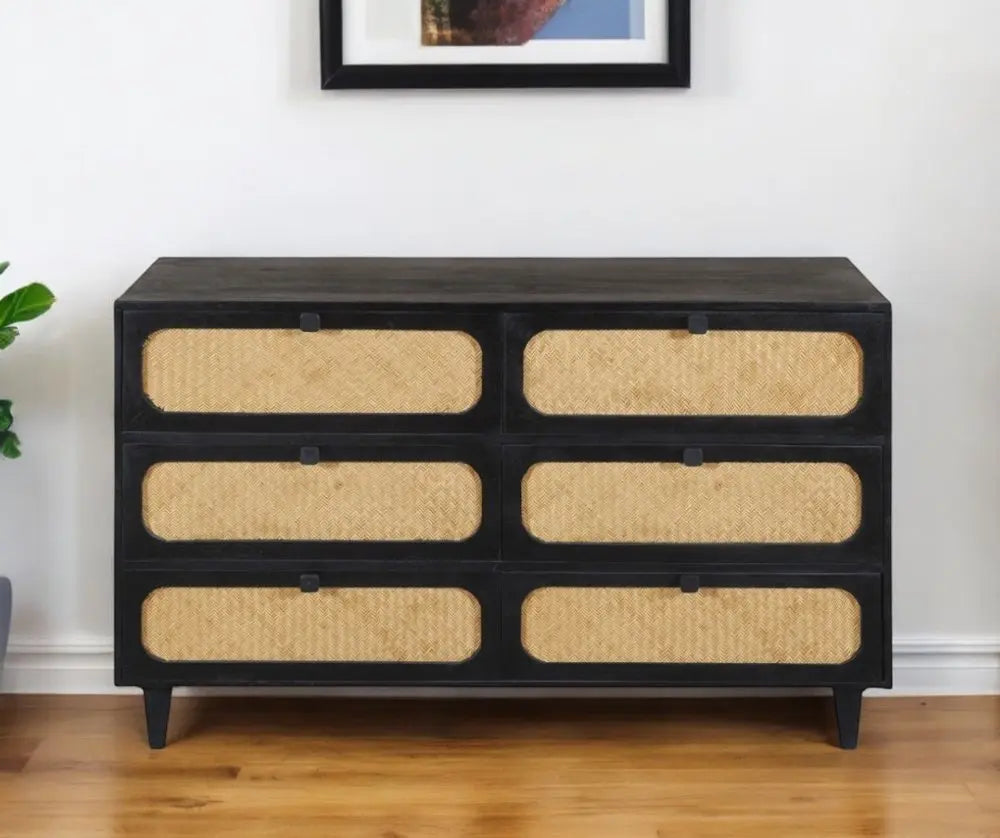 56" Black And Natural Solid Wood And Rattan Six Drawer Double Dresser - NOBLE HOME INTERIORS