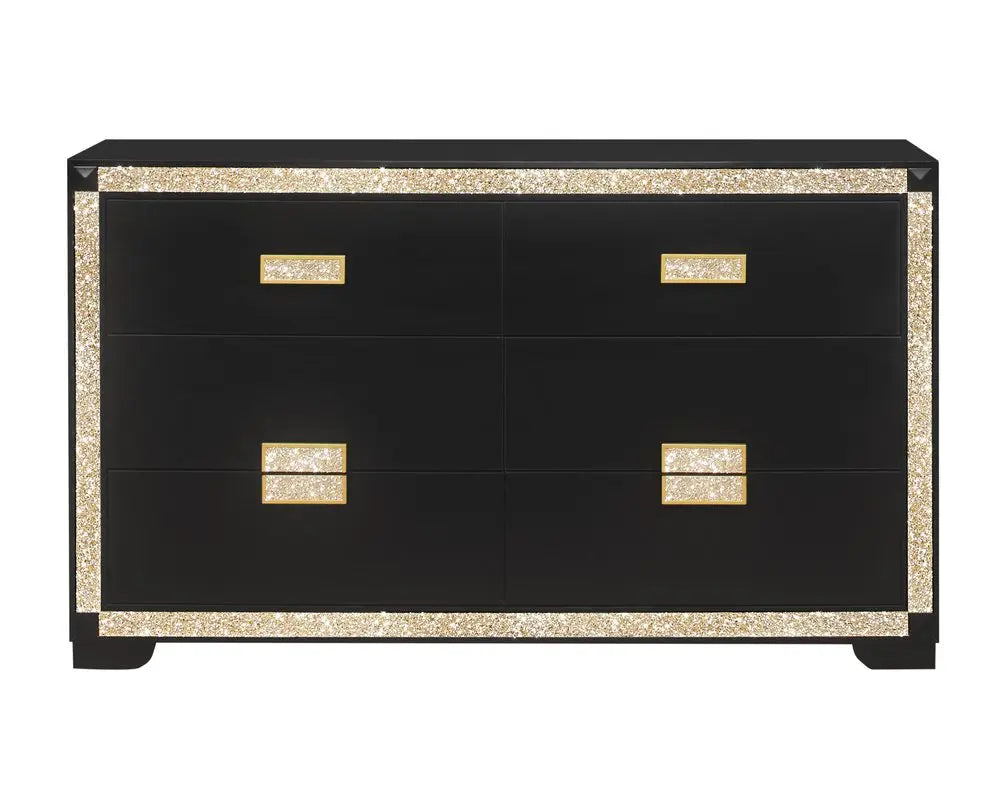 62" Black And Gold Faux Crystal Bling Wood Six Drawer Double Dresser HomeRoots