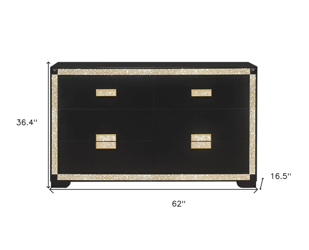 62" Black And Gold Faux Crystal Bling Wood Six Drawer Double Dresser HomeRoots