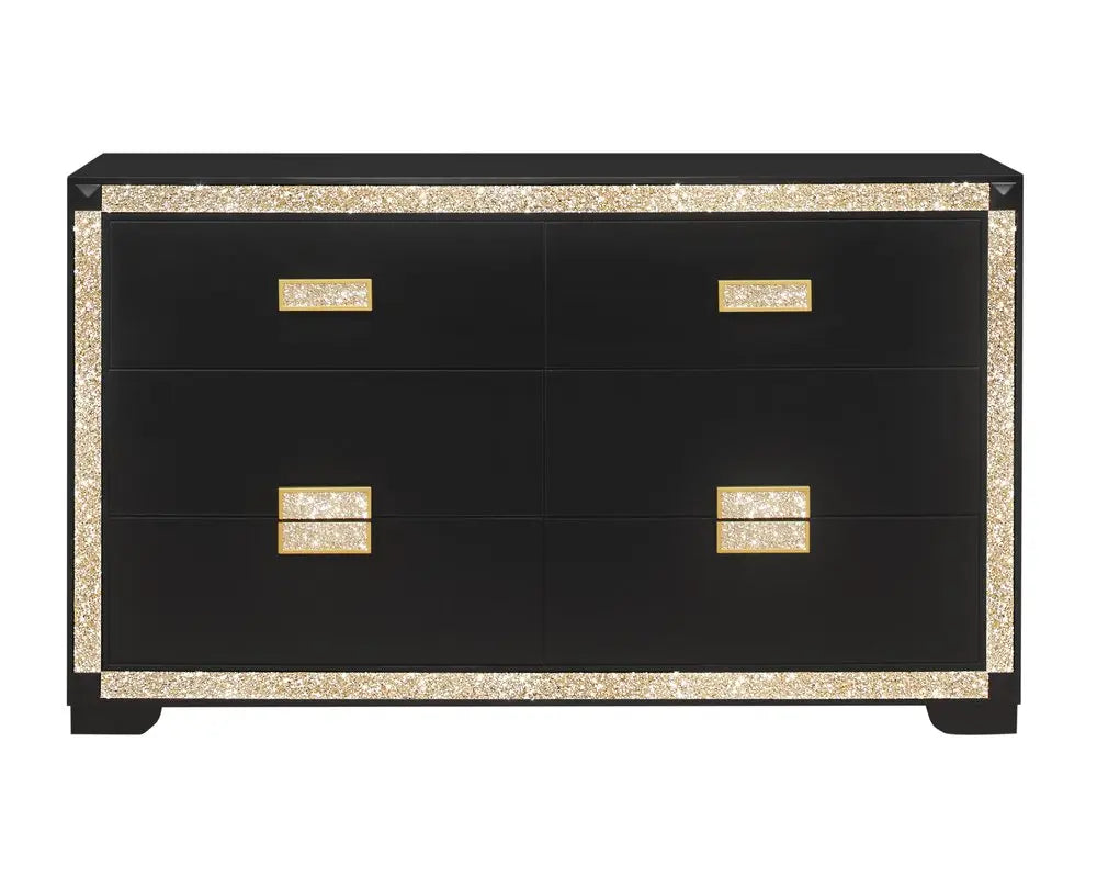 62" Black And Gold Faux Crystal Bling Wood Six Drawer Double Dresser HomeRoots