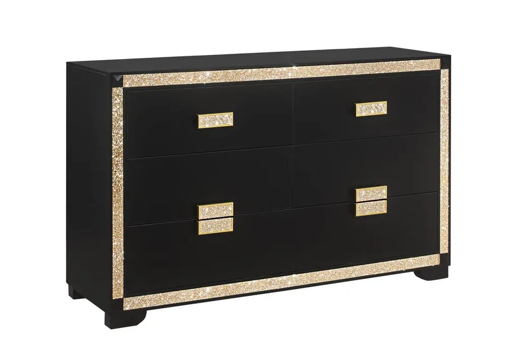 62" Black And Gold Faux Crystal Bling Wood Six Drawer Double Dresser HomeRoots