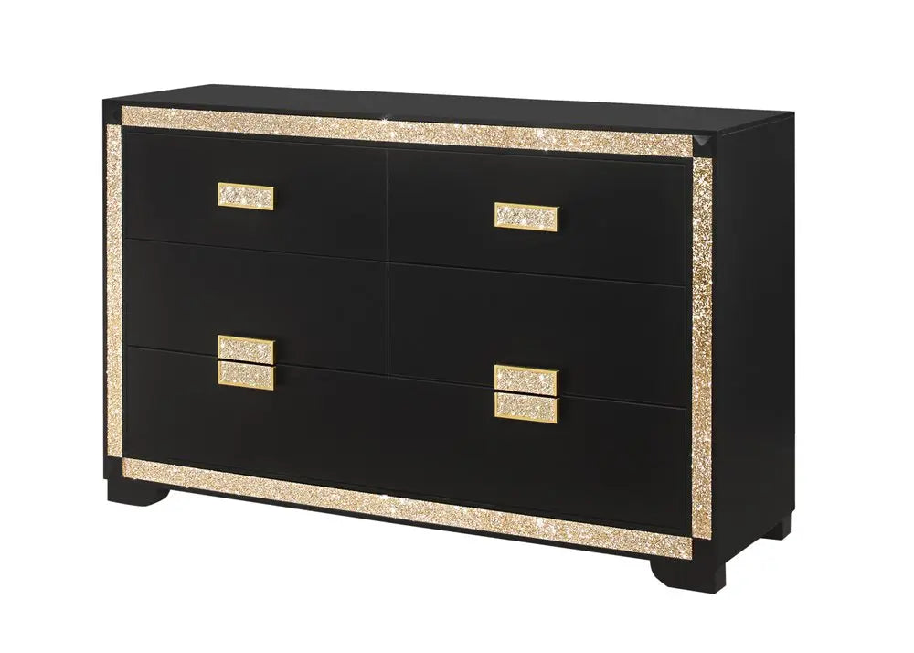 62" Black And Gold Faux Crystal Bling Wood Six Drawer Double Dresser HomeRoots