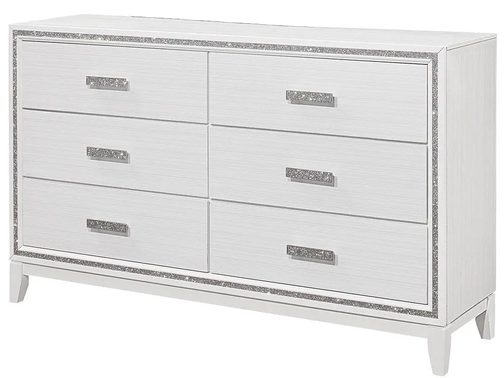 63" White And Silver Faux Crystal Bling Wood Six Drawer Double Dresser HomeRoots