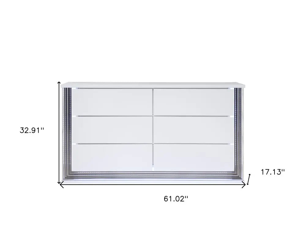 61" White Wood Lighted Six Drawer Double Dresser HomeRoots