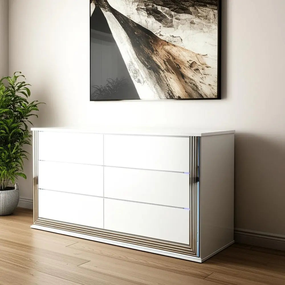 61" White Wood Lighted Six Drawer Double Dresser HomeRoots