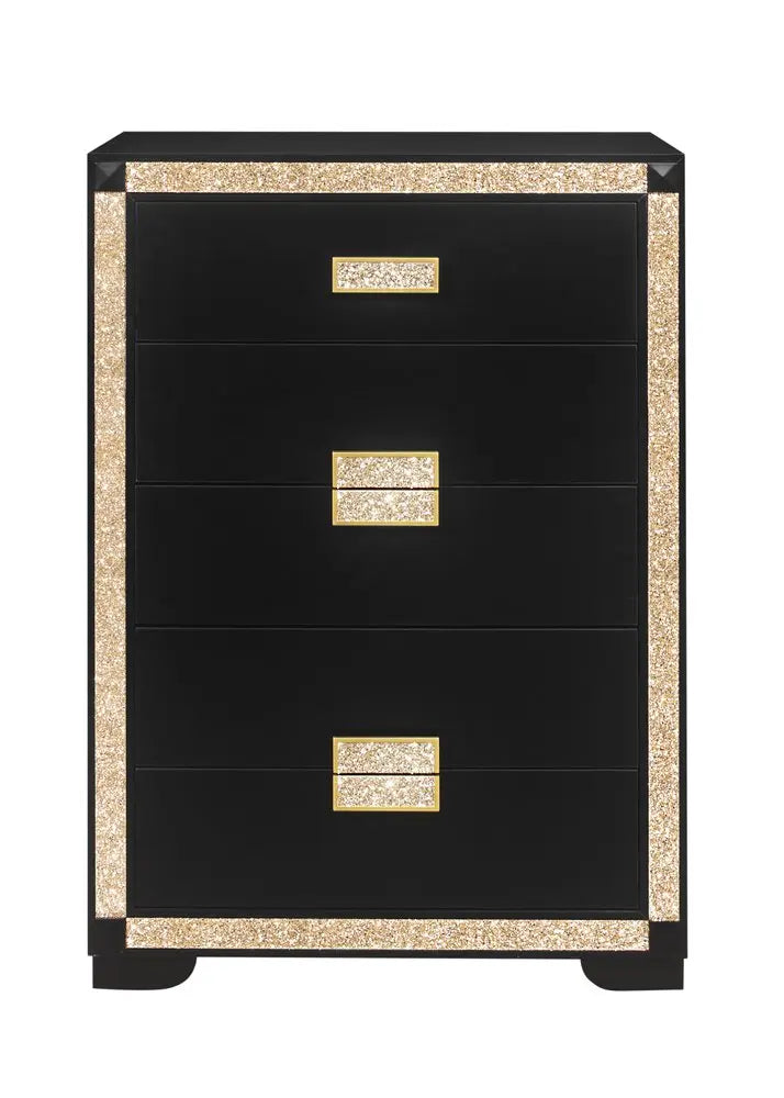 48" Black And Gold Faux Crystal Bling Wood Six Drawer Dresser HomeRoots