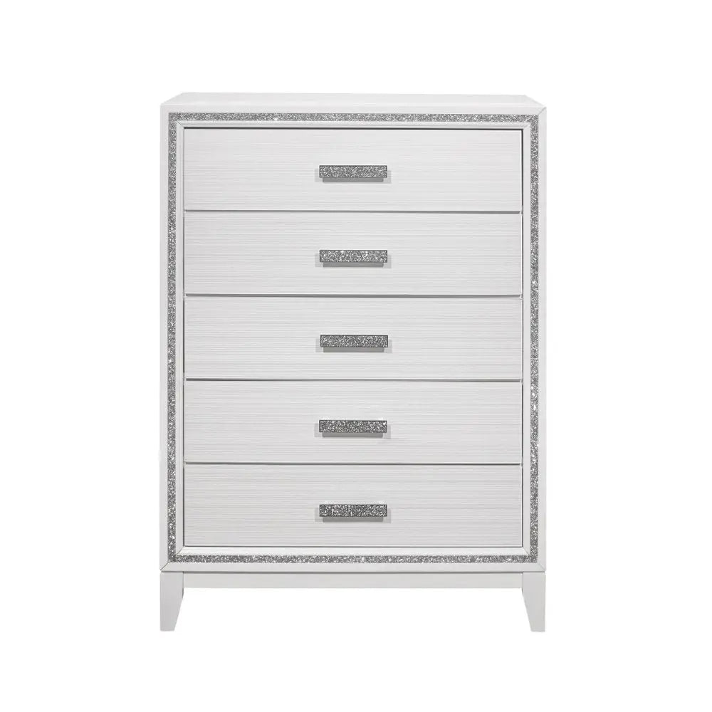 49" White And Silver And Faux Wood And Crystal Bling Lighted Five Drawer Dresser HomeRoots