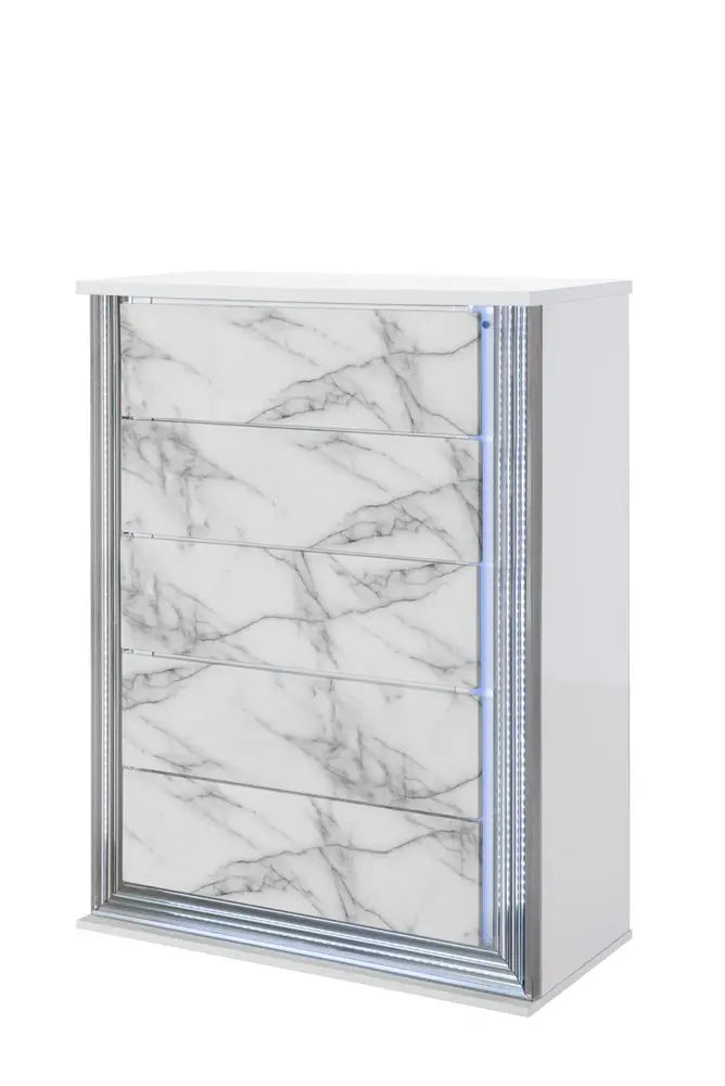 49" Silver And White Wood Faux Marble Lighted Five Drawer Dresser HomeRoots