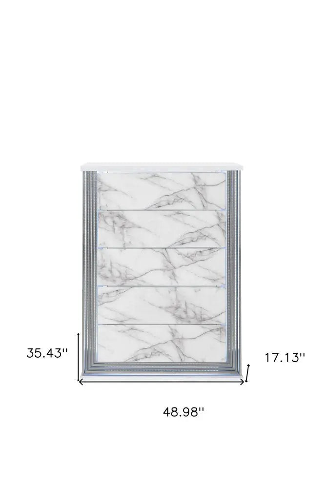 49" Silver And White Wood Faux Marble Lighted Five Drawer Dresser HomeRoots