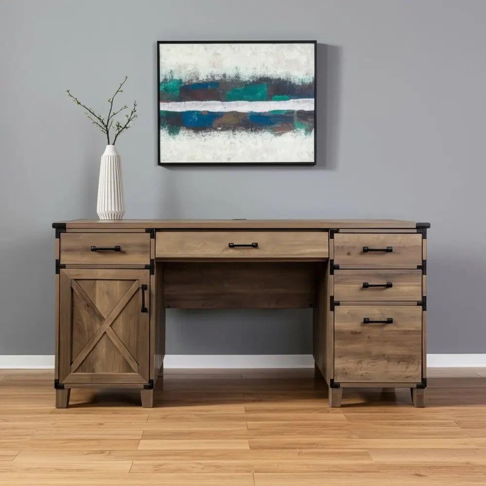 59" Natural Wood Executive Desk With Five Drawers HomeRoots