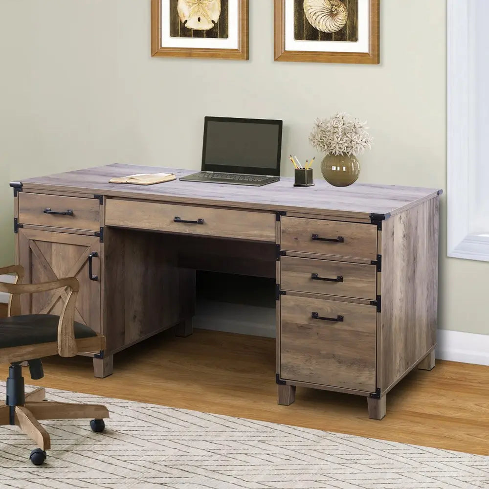 59" Natural Wood Executive Desk With Five Drawers HomeRoots