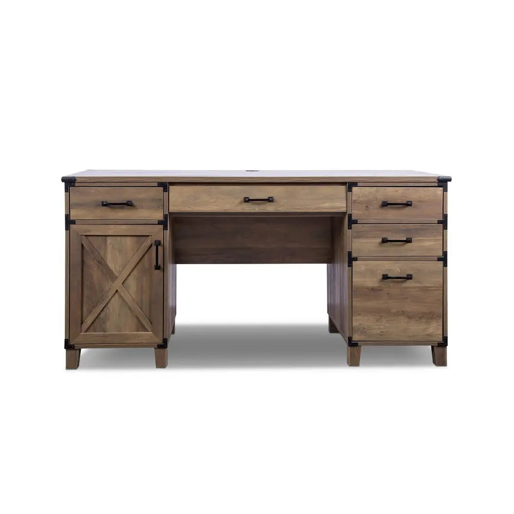 59" Natural Wood Executive Desk With Five Drawers HomeRoots