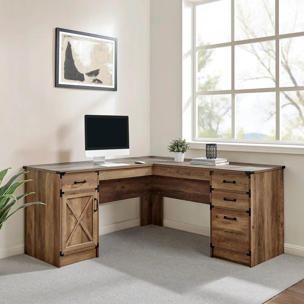 64" Oak Wood L Shape Executive Desk With Four Drawers HomeRoots