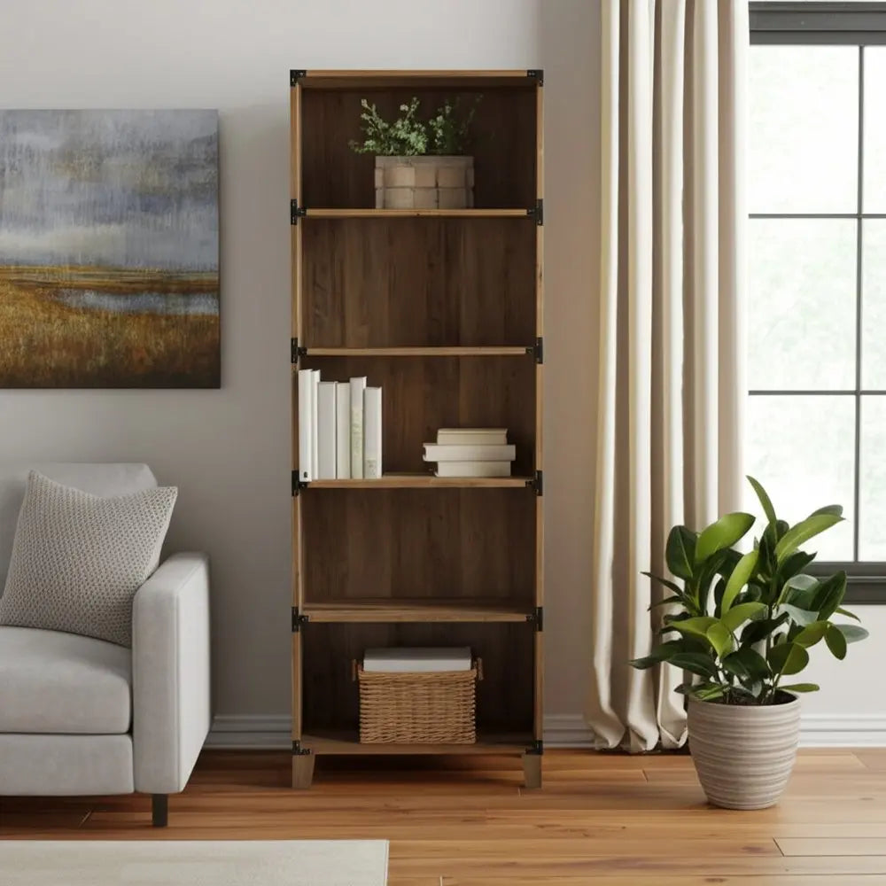 71" Oak Distressed Wood Five Tier Etagere Bookcase