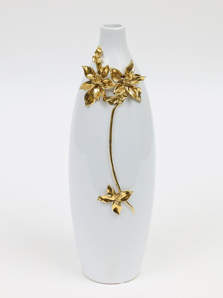 18" Gold Floral Oval Ceramic Table Vase With Sculptural Details - NOVA HOME FURNITURE