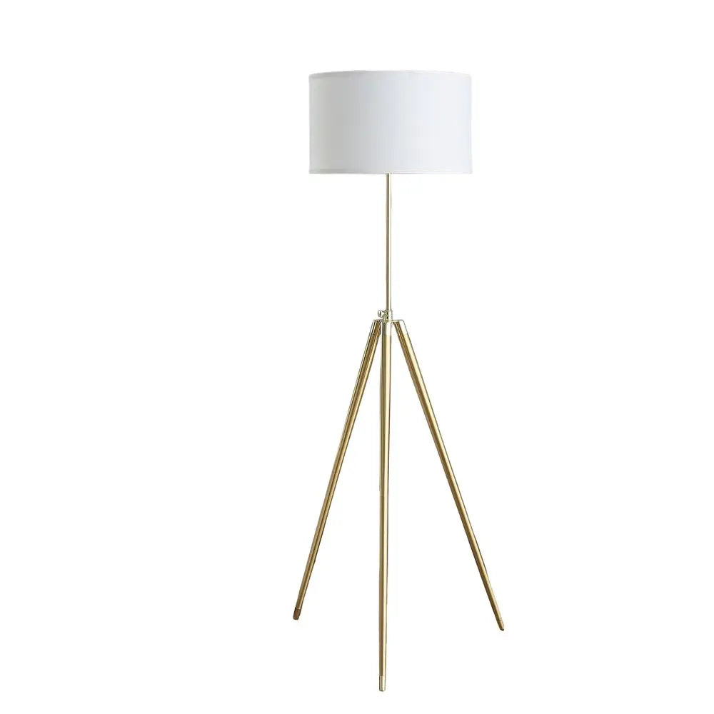 Gold Metal Adjustable Tripod Floor Lamp With White Linen Drum Shade HomeRoots