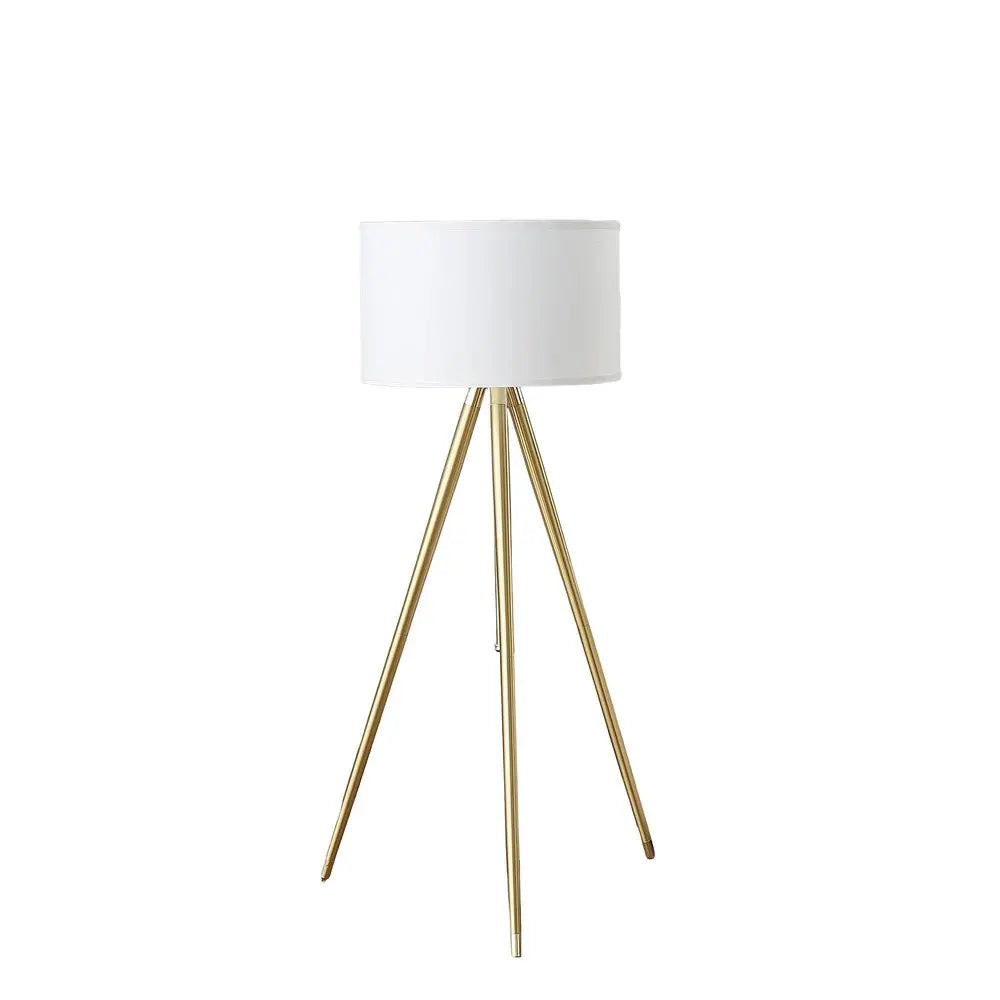 Gold Metal Adjustable Tripod Floor Lamp With White Linen Drum Shade HomeRoots