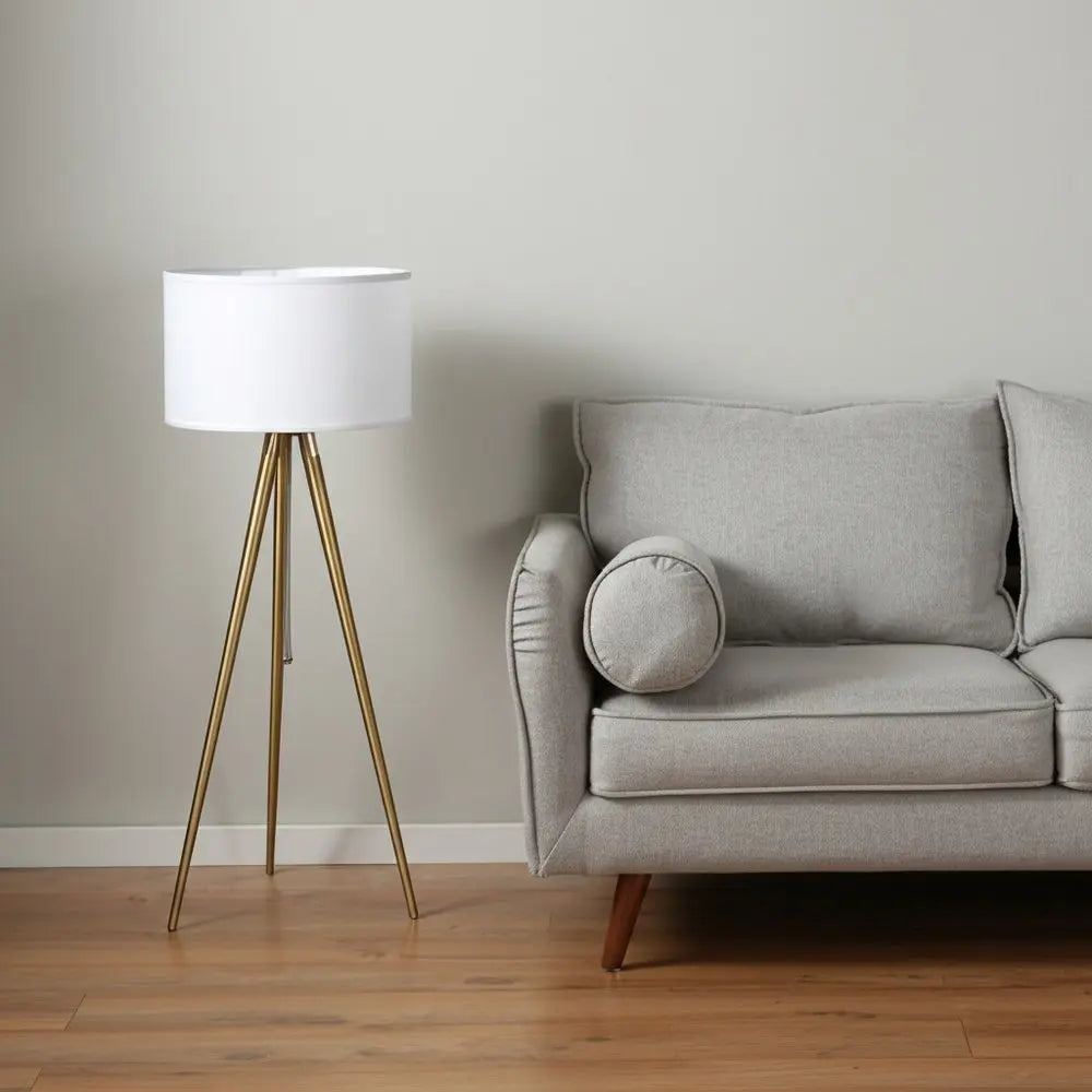 Gold Metal Adjustable Tripod Floor Lamp With White Linen Drum Shade HomeRoots