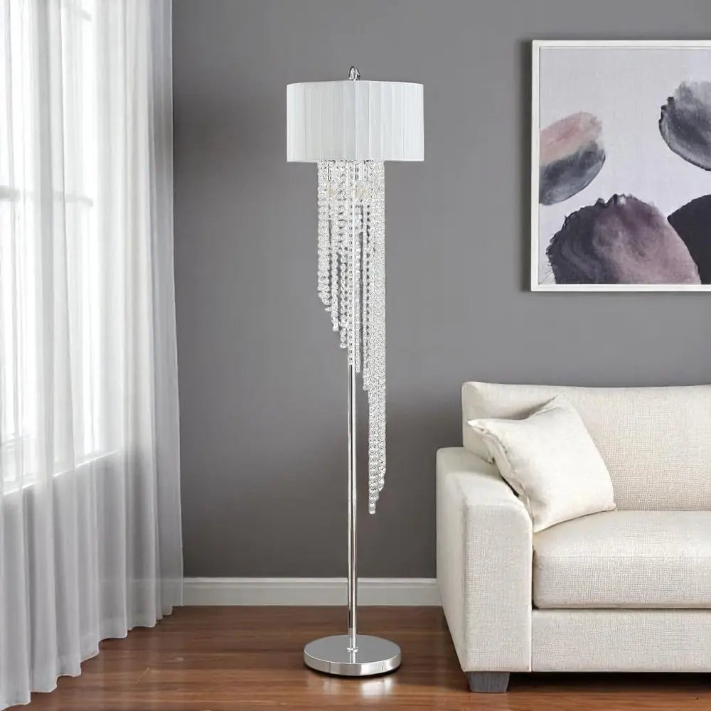 66" Clear And Silver Crystal And Metal Floor Lamp With White Linen Drum Shade HomeRoots