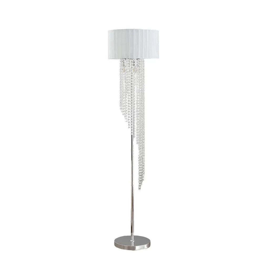 66" Clear And Silver Crystal And Metal Floor Lamp With White Linen Drum Shade HomeRoots
