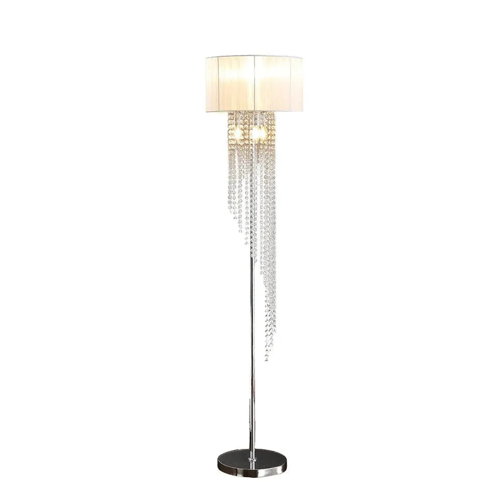66" Clear And Silver Crystal And Metal Floor Lamp With White Linen Drum Shade HomeRoots