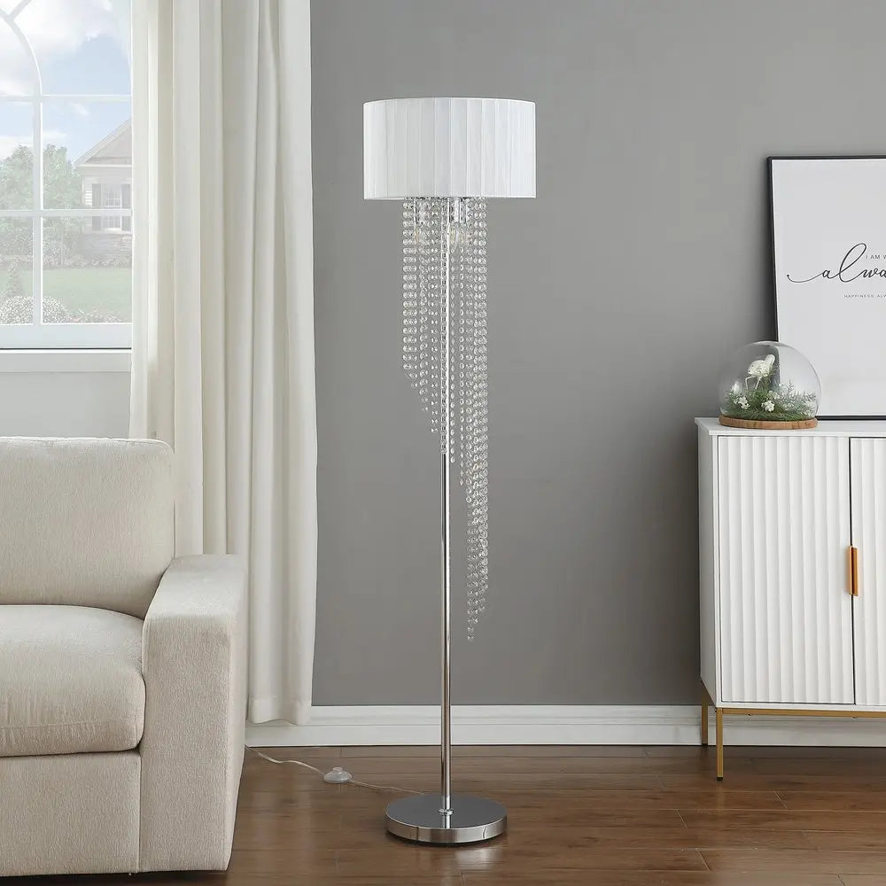 66" Clear And Silver Crystal And Metal Floor Lamp With White Linen Drum Shade HomeRoots
