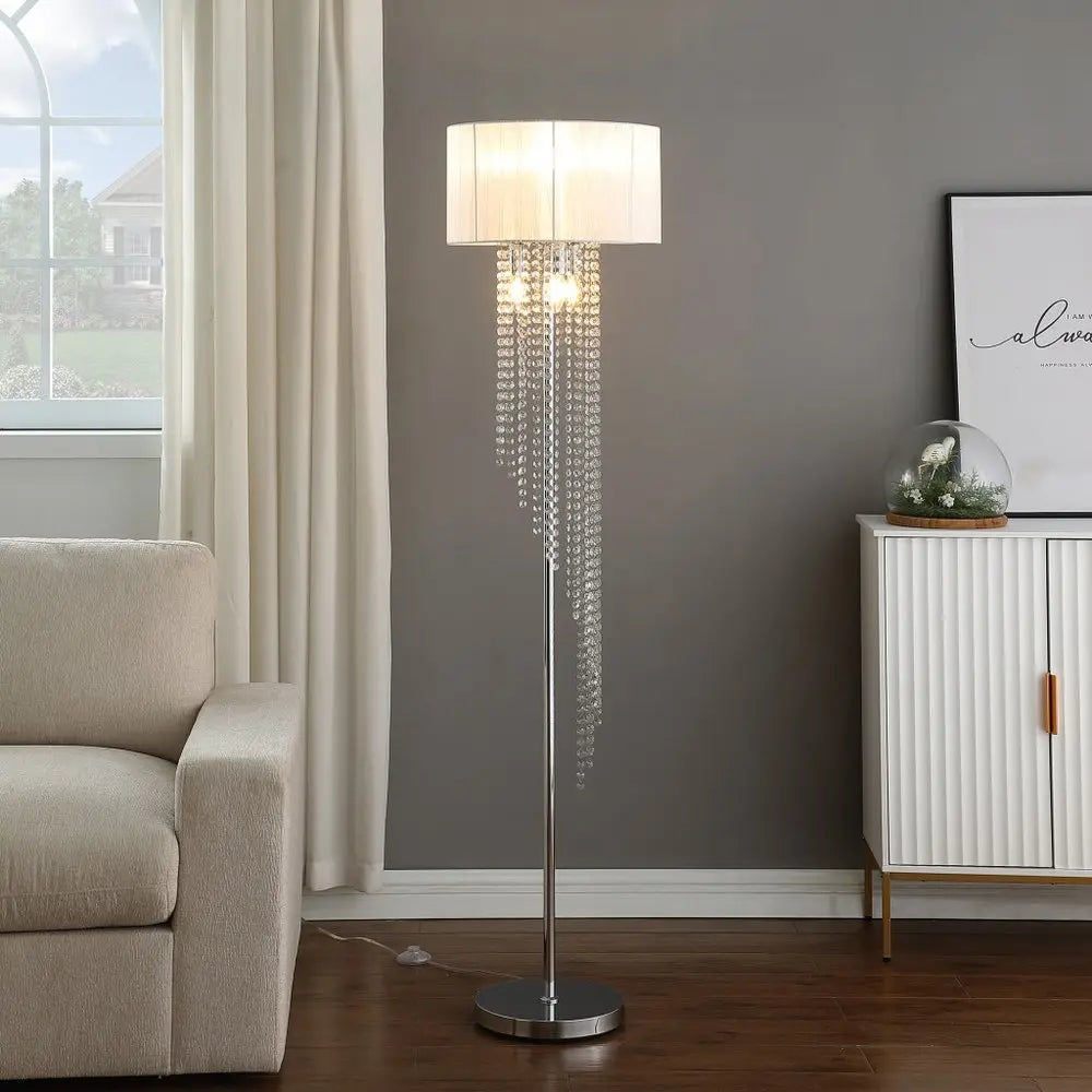 66" Clear And Silver Crystal And Metal Floor Lamp With White Linen Drum Shade HomeRoots