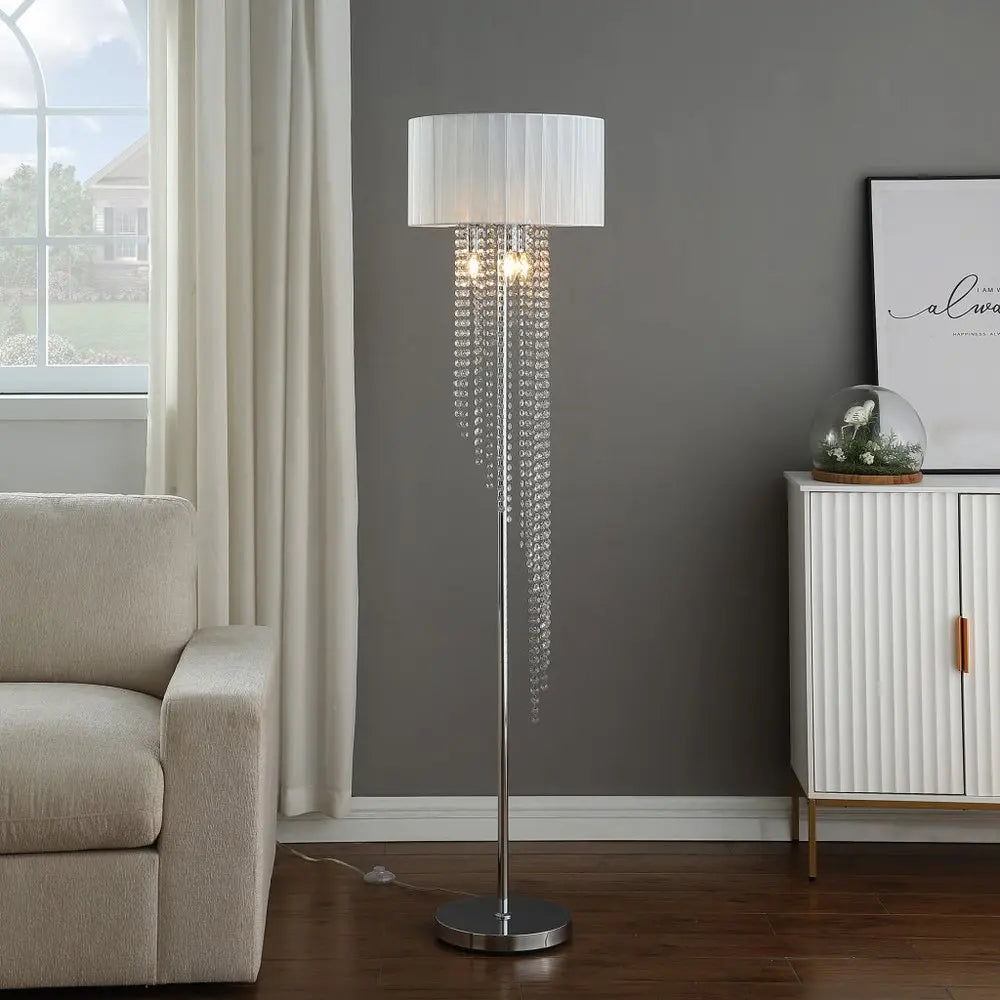 66" Clear And Silver Crystal And Metal Floor Lamp With White Linen Drum Shade HomeRoots
