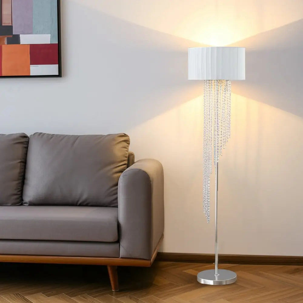 66" Clear And Silver Crystal And Metal Floor Lamp With White Linen Drum Shade HomeRoots