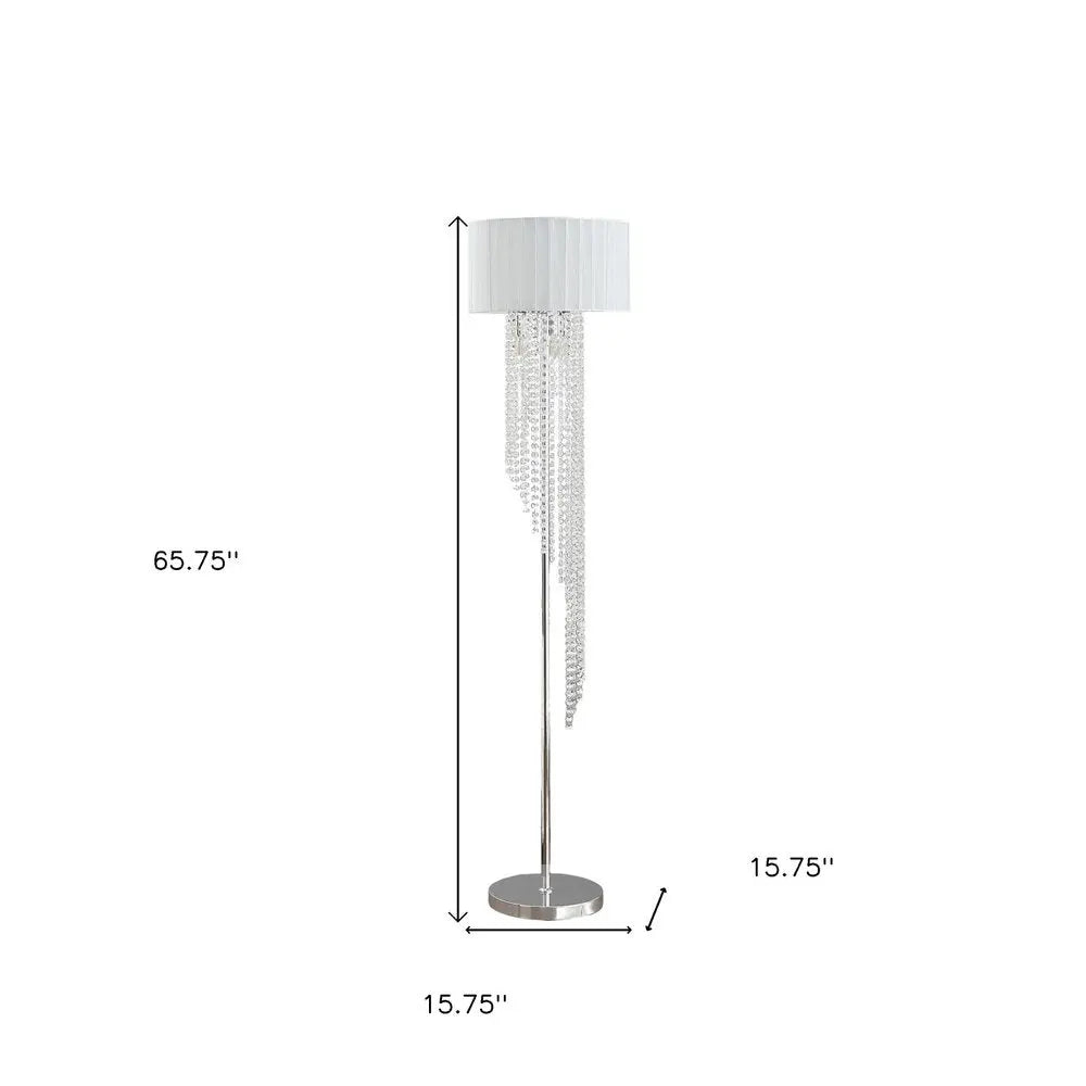 66" Clear And Silver Crystal And Metal Floor Lamp With White Linen Drum Shade HomeRoots