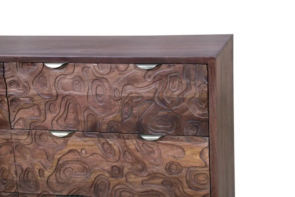 57" Brown Carved Abstract Solid Wood Six Drawer Dresser - NOBLE HOME INTERIORS