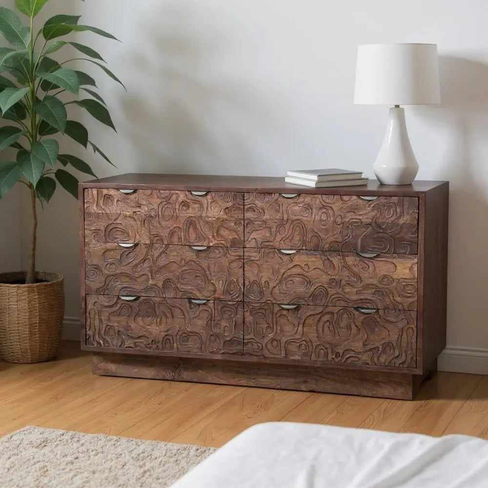 57" Brown Carved Abstract Solid Wood Six Drawer Dresser - NOBLE HOME INTERIORS