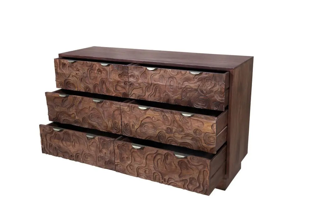 57" Brown Carved Abstract Solid Wood Six Drawer Dresser - NOBLE HOME INTERIORS