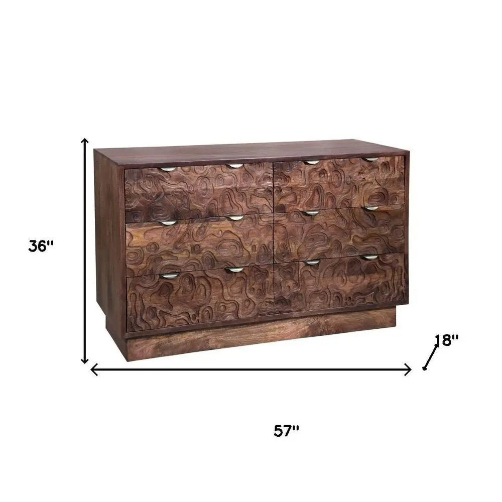 57" Brown Carved Abstract Solid Wood Six Drawer Dresser - NOBLE HOME INTERIORS