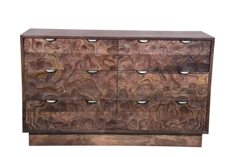 57" Brown Carved Abstract Solid Wood Six Drawer Dresser - NOBLE HOME INTERIORS