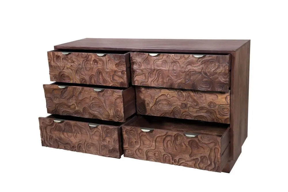 57" Brown Carved Abstract Solid Wood Six Drawer Dresser - NOBLE HOME INTERIORS