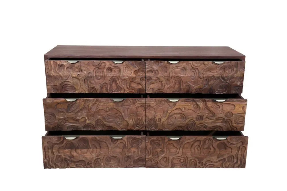 57" Brown Carved Abstract Solid Wood Six Drawer Dresser - NOBLE HOME INTERIORS