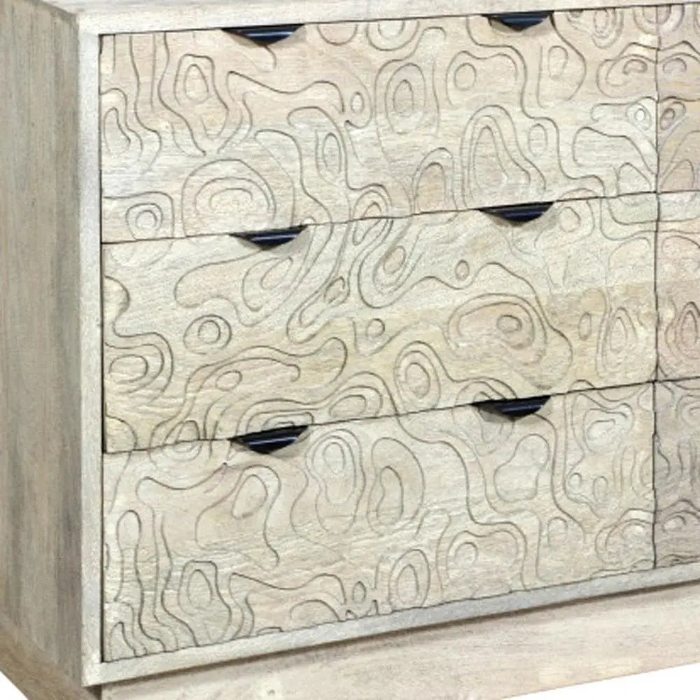 57" Gray Carved Geometric Solid Wood Six Drawer Dresser - NOBLE HOME INTERIORS