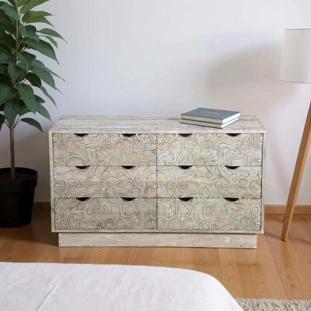 57" Gray Carved Geometric Solid Wood Six Drawer Dresser - NOBLE HOME INTERIORS