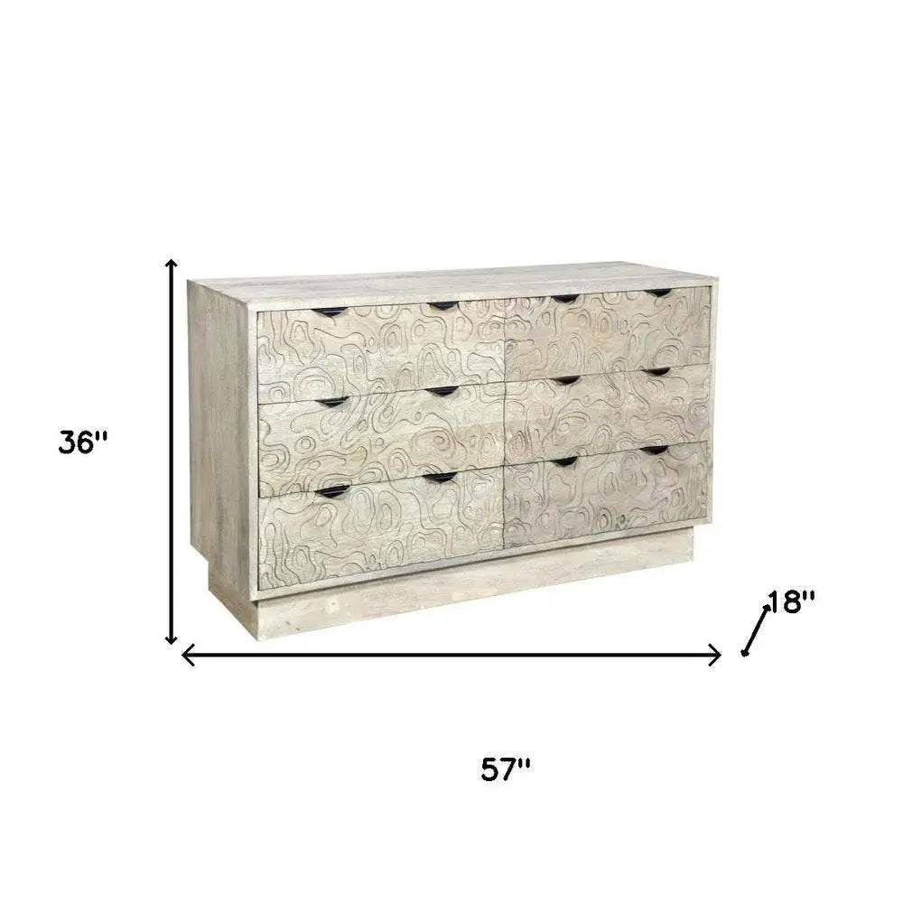57" Gray Carved Geometric Solid Wood Six Drawer Dresser - NOBLE HOME INTERIORS