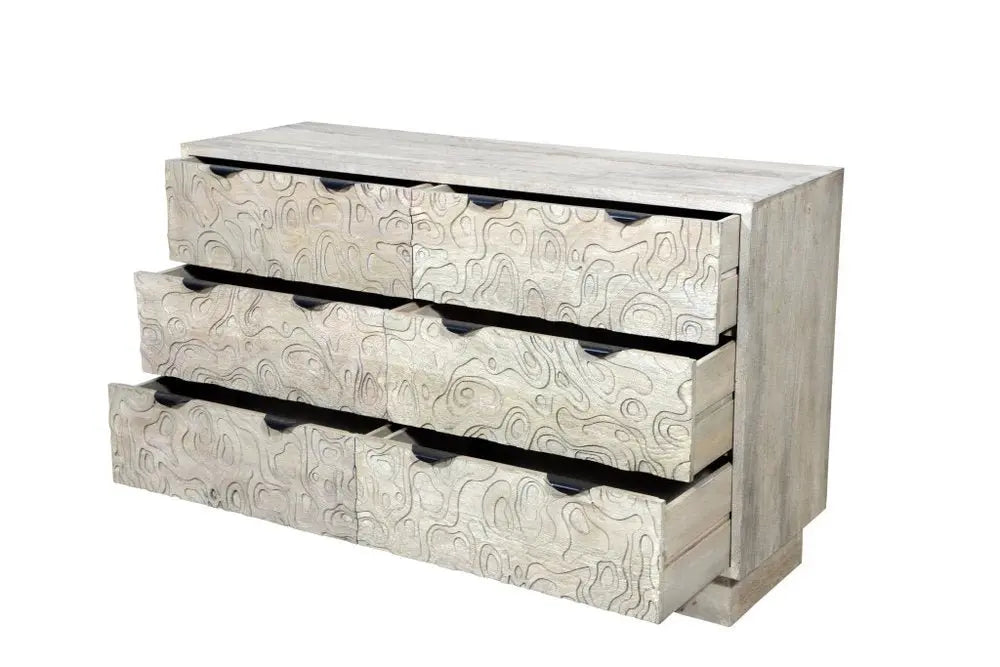 57" Gray Carved Geometric Solid Wood Six Drawer Dresser - NOBLE HOME INTERIORS